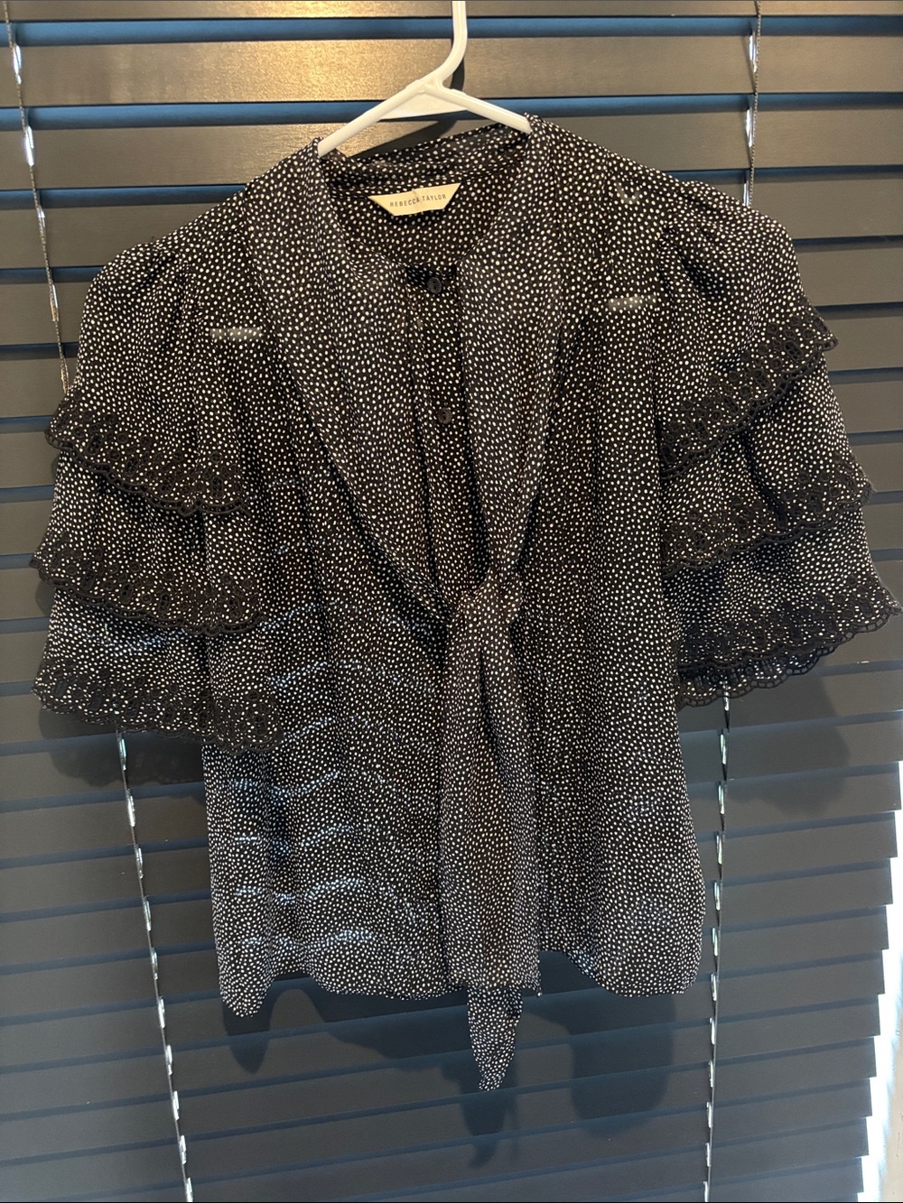 Rebecca Taylor Silk Black Polka Dot Tie-Neck Ruffle Sleeve Blouse